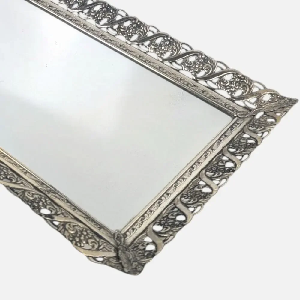 Midcentury Silver Metal Vanity Mirror Tray